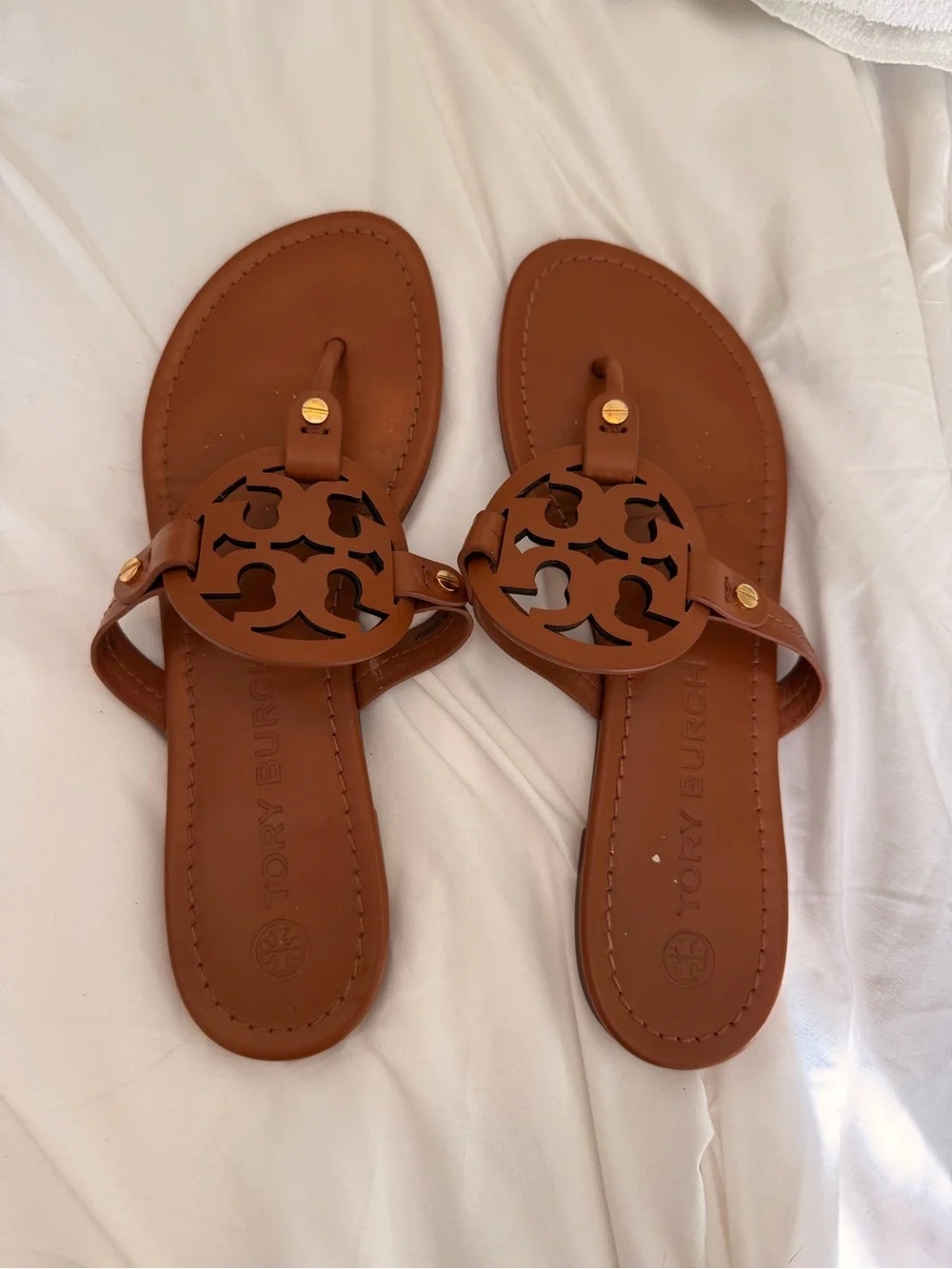 Tory Burch Miller Brown Leather Logo Thong Sandals Size 9